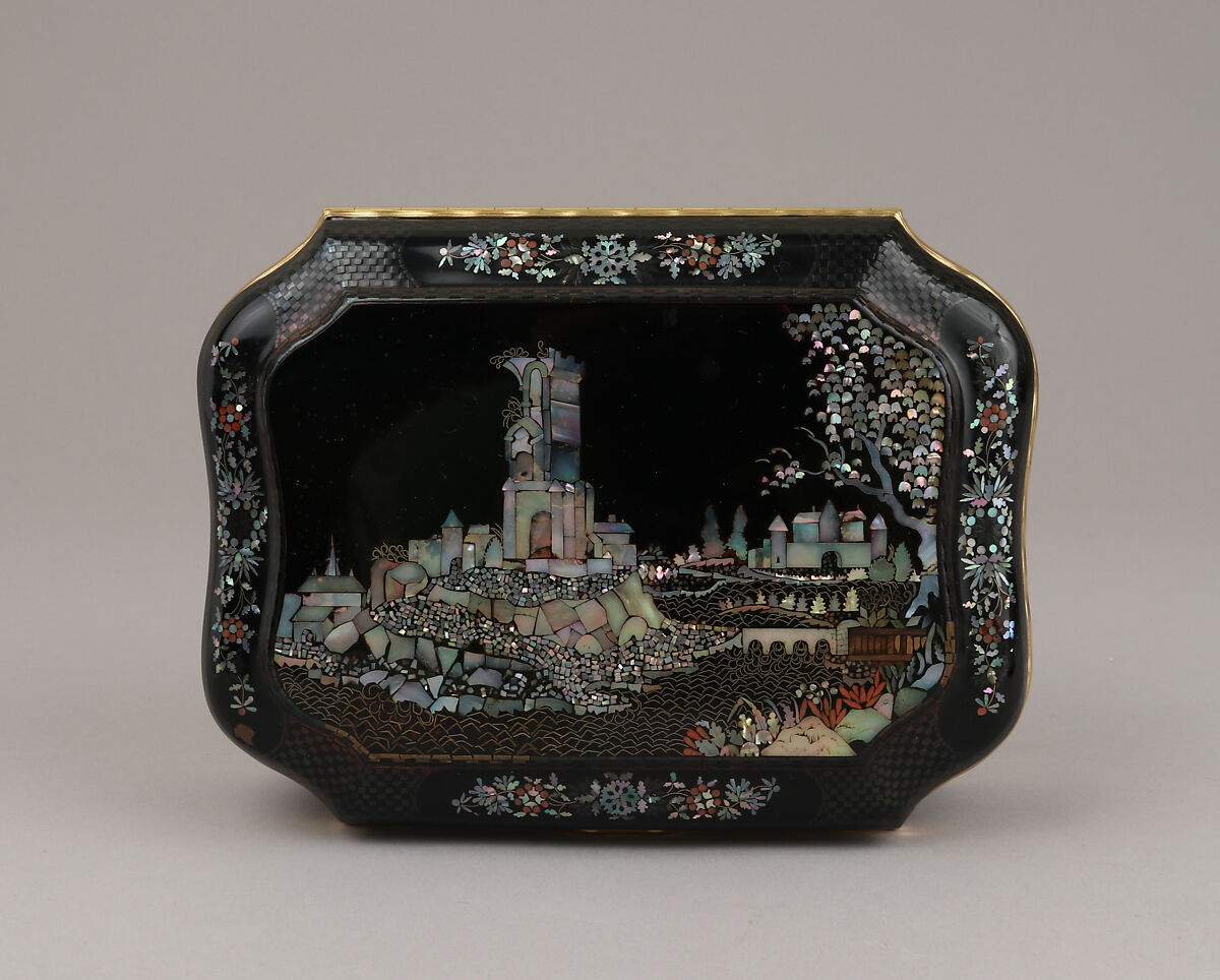Toilet Box, Johann Martin Heinrici (German, 1711–1786), Lacquered metal inlaid with mother-of-pearl, copper, brass, ray skin, colored stone, gold, German, Dresden