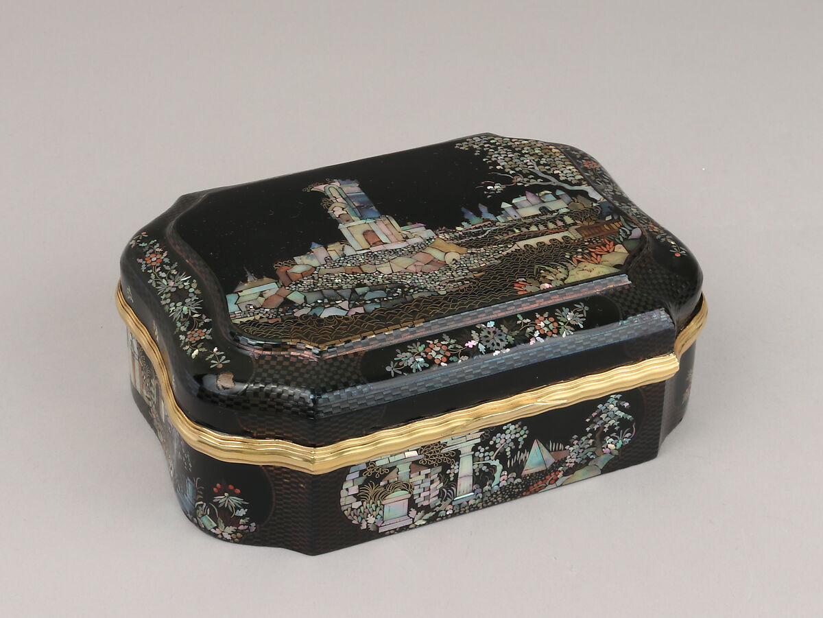 Toilet Box, Johann Martin Heinrici (German, 1711–1786), Lacquered metal inlaid with mother-of-pearl, copper, brass, ray skin, colored stone, gold, German, Dresden