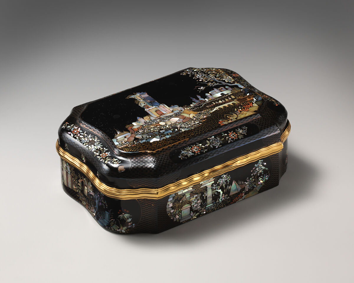 Toilet Box, Johann Martin Heinrici (German, 1711–1786), Lacquered metal inlaid with mother-of-pearl, copper, brass, ray skin, colored stone, gold, German, Dresden