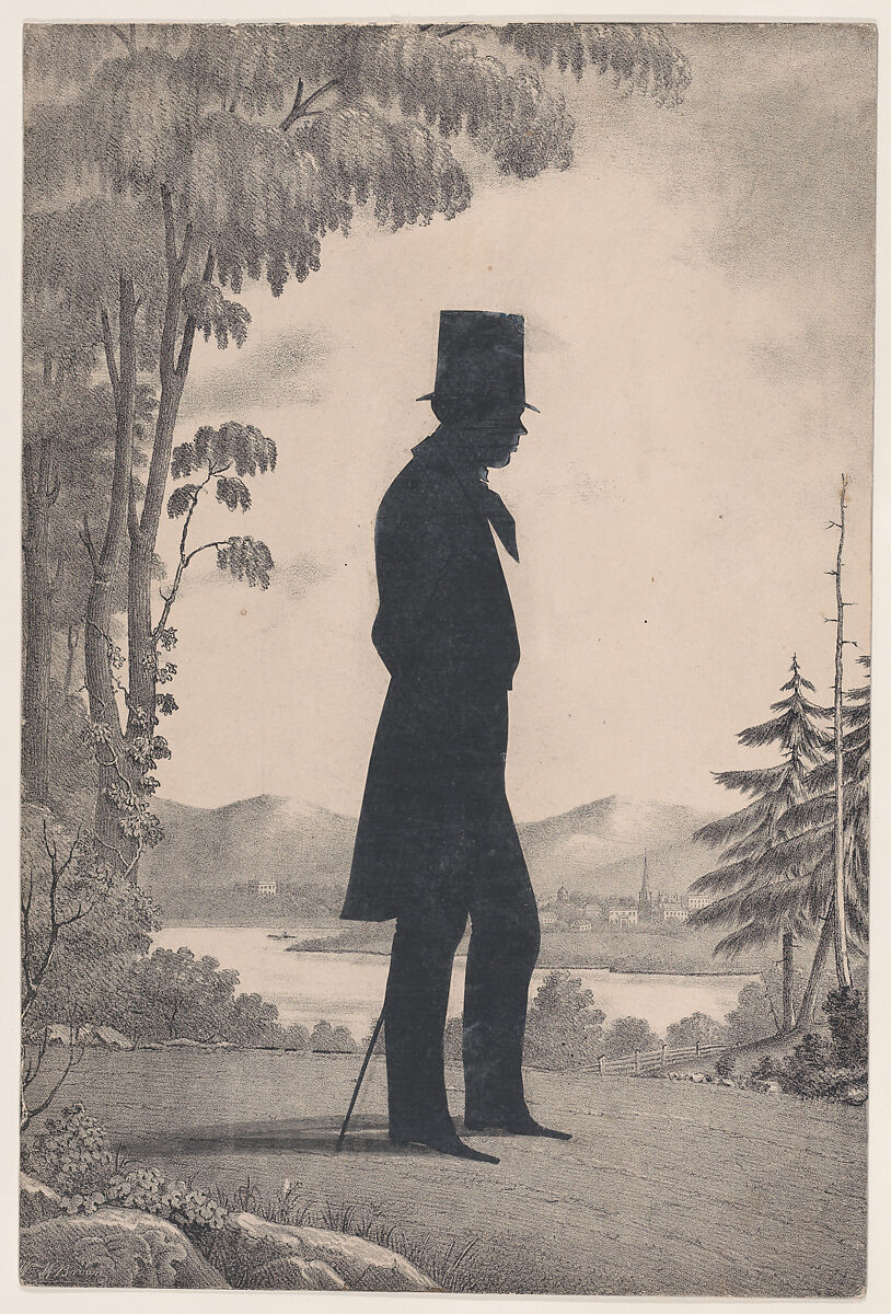 Silhouette of Edward Worth of Saco, Maine, William Henry Brown (American, Charleston, South Carolina 1808–1883 Charleston, South Carolina), Cut paper against a lithographic background 