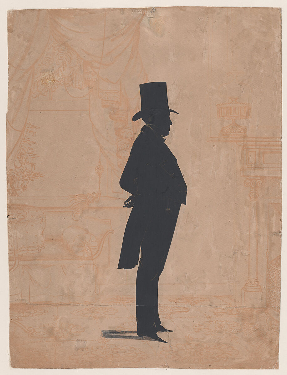 Silhouette of an unknown man in a top hat and tails, Possibly by William Henry Brown (American, Charleston, South Carolina 1808–1883 Charleston, South Carolina), Cut paper against a lithographic background 