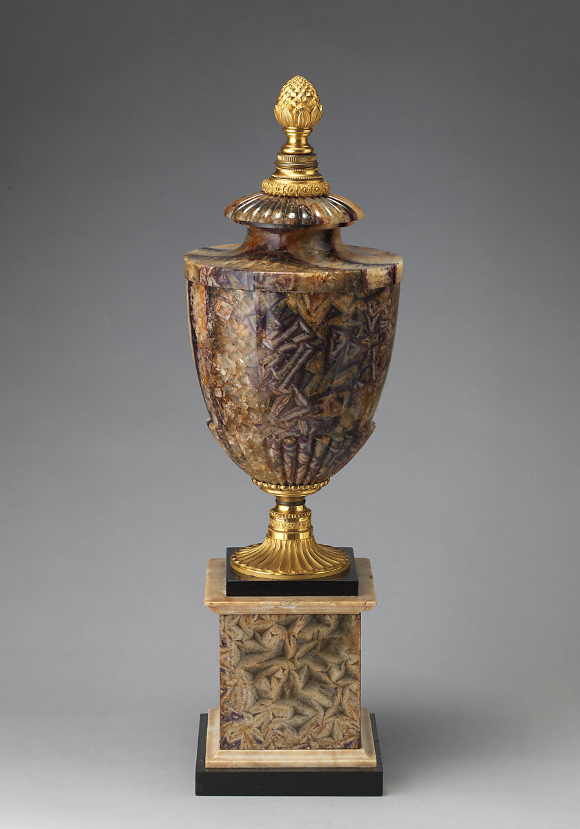 Ormolu-mounted urn on square base, Derbyshire spar "Blue John", gilt bronze; Sienna marble, British 