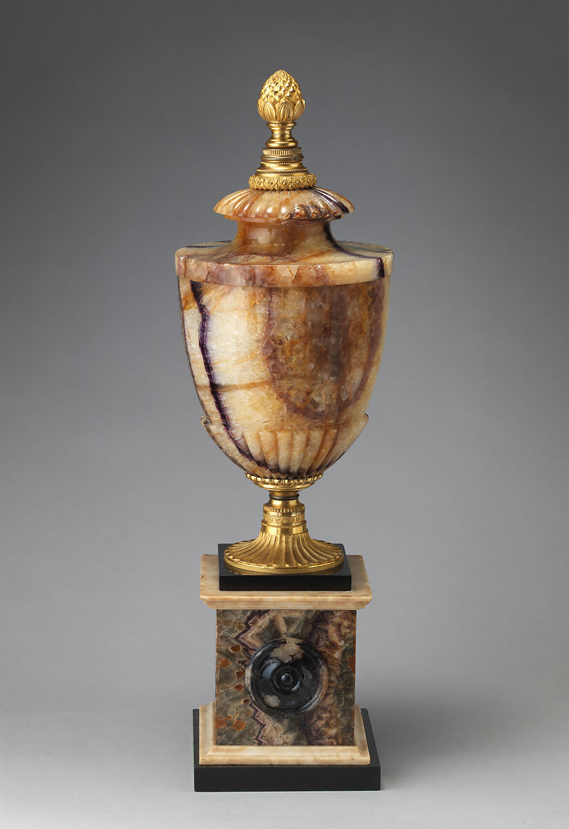 Ormolu-mounted urn on square base, Derbyshire spar "Blue John", gilt bronze; Sienna marble, British