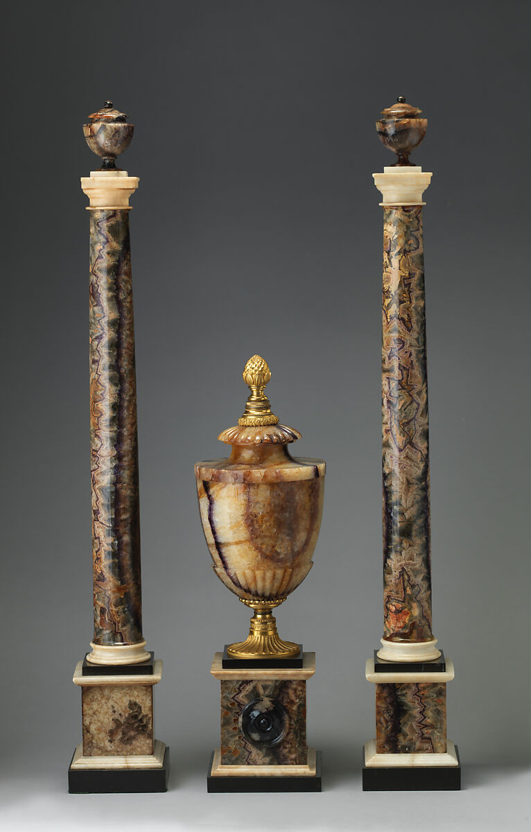 Ormolu-mounted urn on square base, Derbyshire spar "Blue John", gilt bronze; Sienna marble, British
