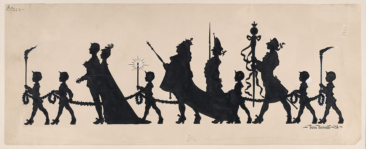 Tailpiece, silhouette of a king in procession with courtiers and page