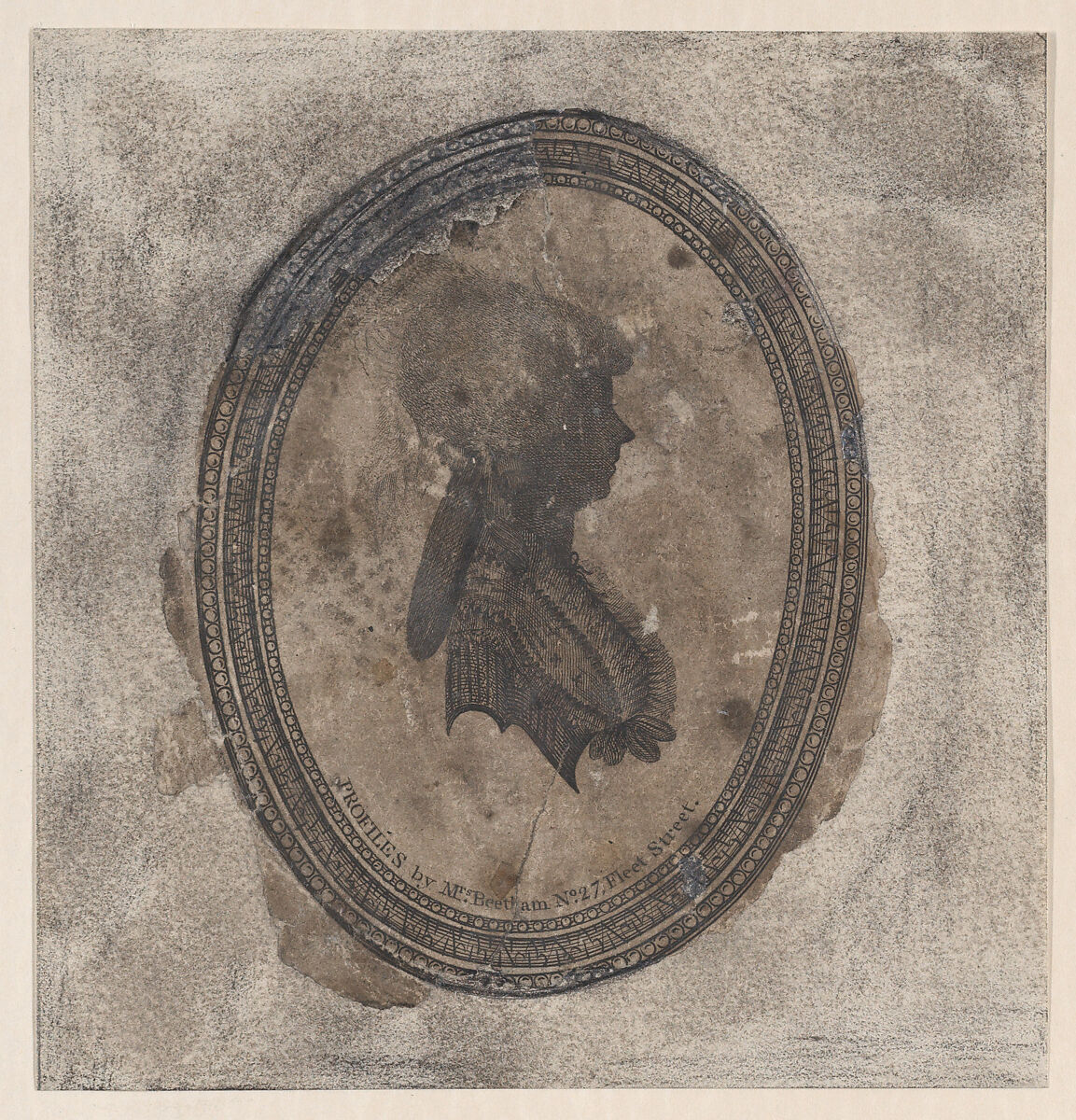 Silhouette of a young woman facing right in an oval frame, Isabella Beetham (British, 1750–after 1809), Etching 