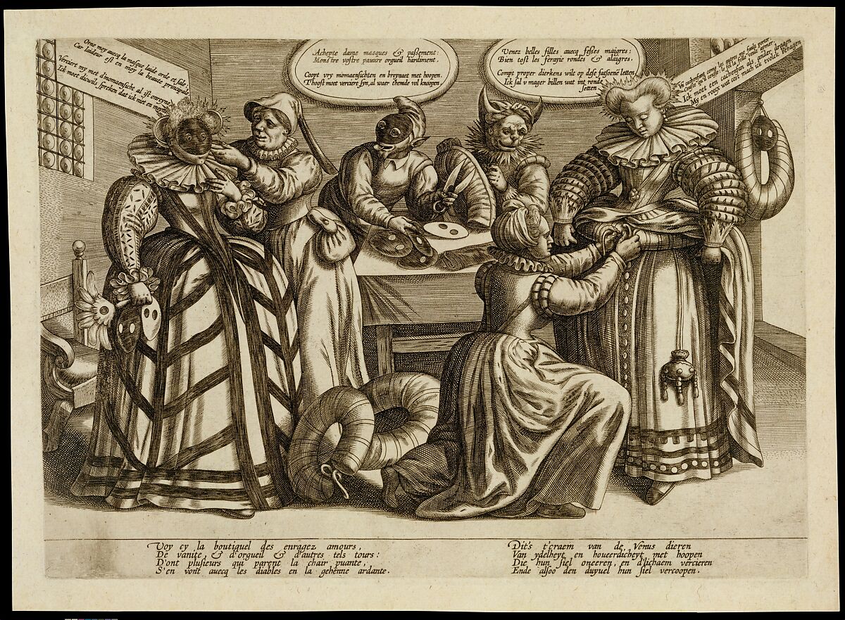 The Vanity of Women: Masks and Bustles, Attributed to Maerten de Vos (Netherlandish, Antwerp 1532–1603 Antwerp), engraved paper, Dutch 