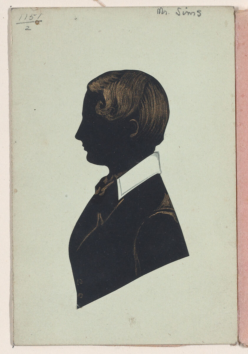 Double sided silhouette portraits of Mr. Sims and a young woman, Edgar Adolphe (British (born France), ca. 1808–1890 Dublin), Cut paper with gold highlights on pale green card 