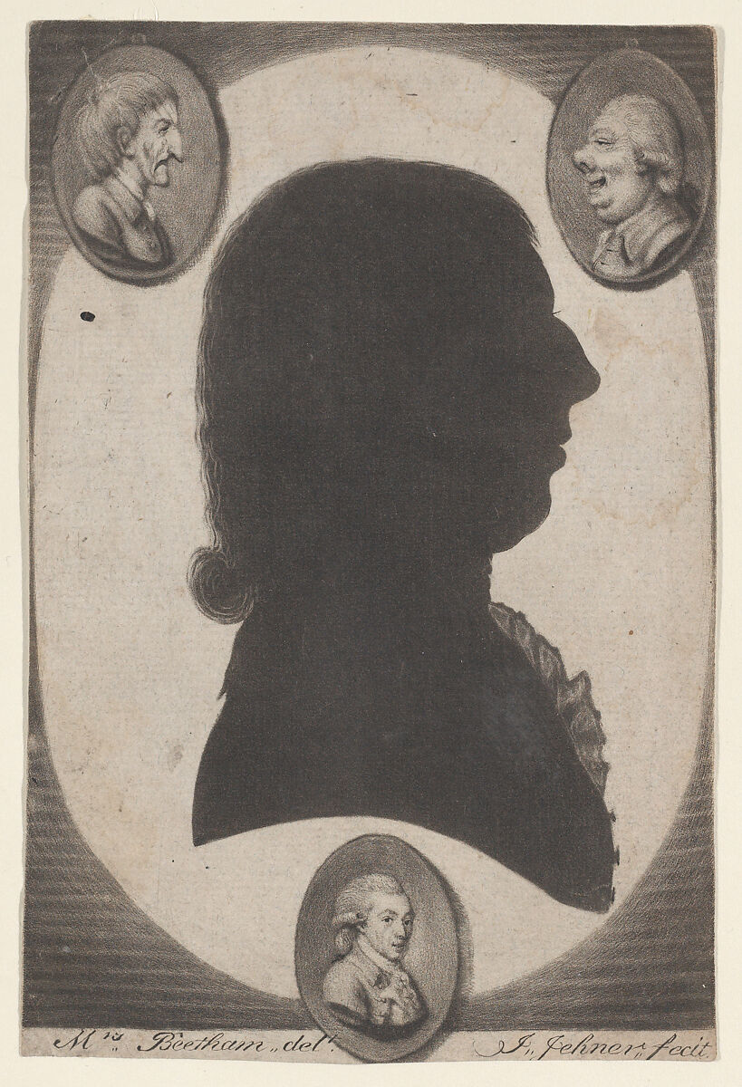 Edward Beetham, bust in profile to right in an oval, with two caricature heads in small ovals in the upper corners, Isaac Jehner (British, London 1750–1818), Mezzotint 