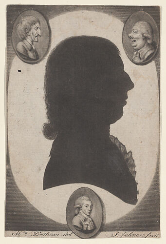 Edward Beetham, bust in profile to right in an oval, with two caricature heads in small ovals in the upper corners