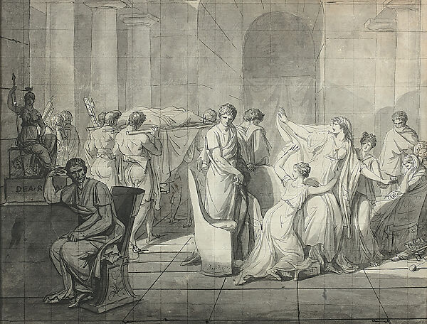 The Lictors Bringing Brutus the Bodies of His Sons, Jacques Louis David  French, Pen and black ink, brush and gray wash, squared in black chalk
