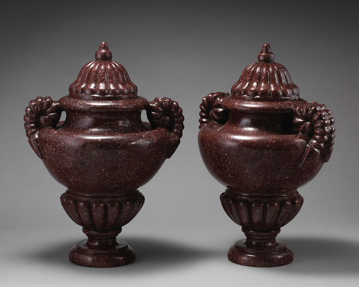 Urn with ram's horn handles and gadrooned lid and socle (one of a pair), Imperial porphyry, Italian, Rome