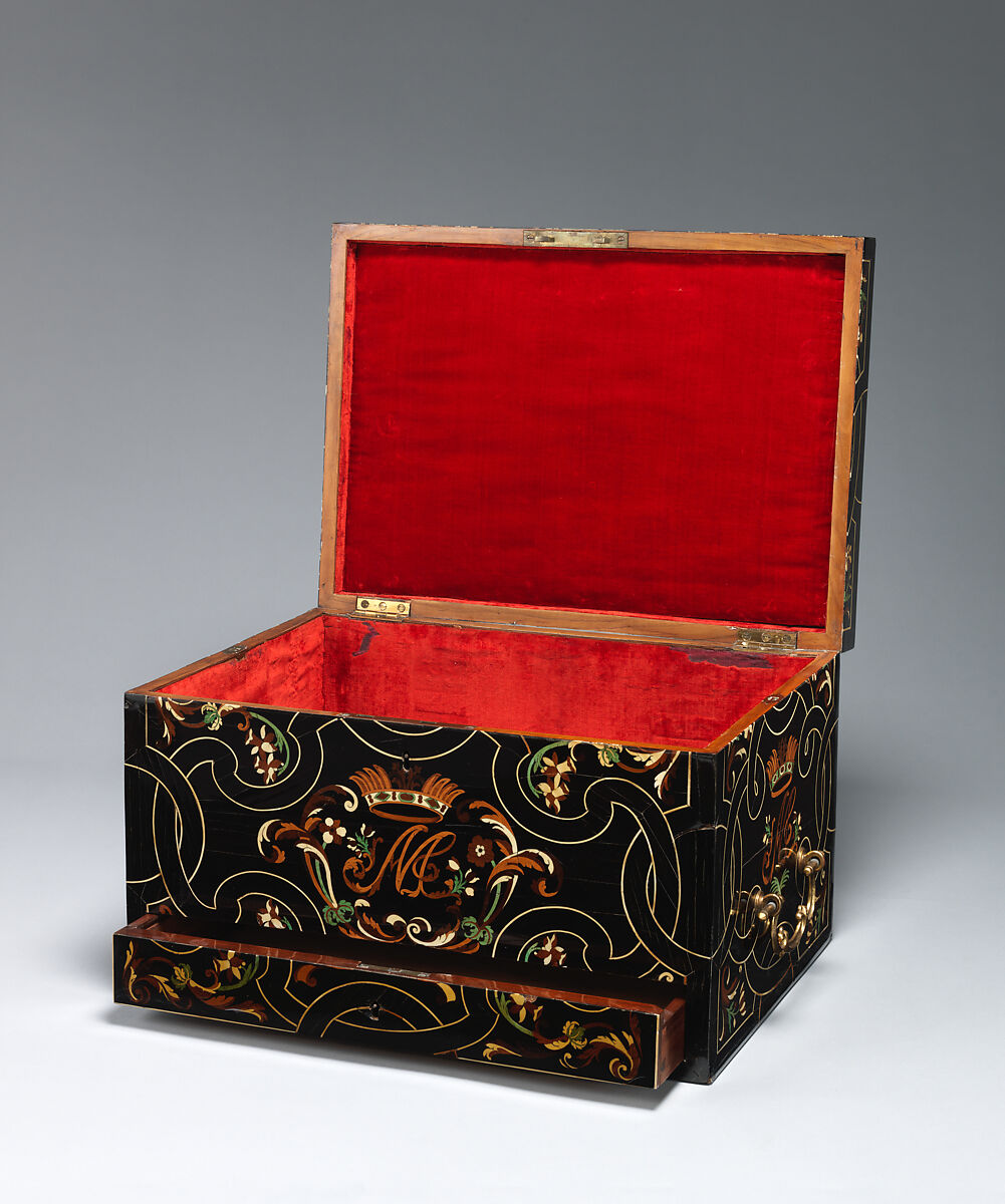 Coffer with inlaid monogram, Ebony, various marquetry woods, ivory, stained horn, mother-of-pearl, on poplar wood, mahogany; modern velvet; brass hardware; gilt-bronze handles, Possibly French or Italian