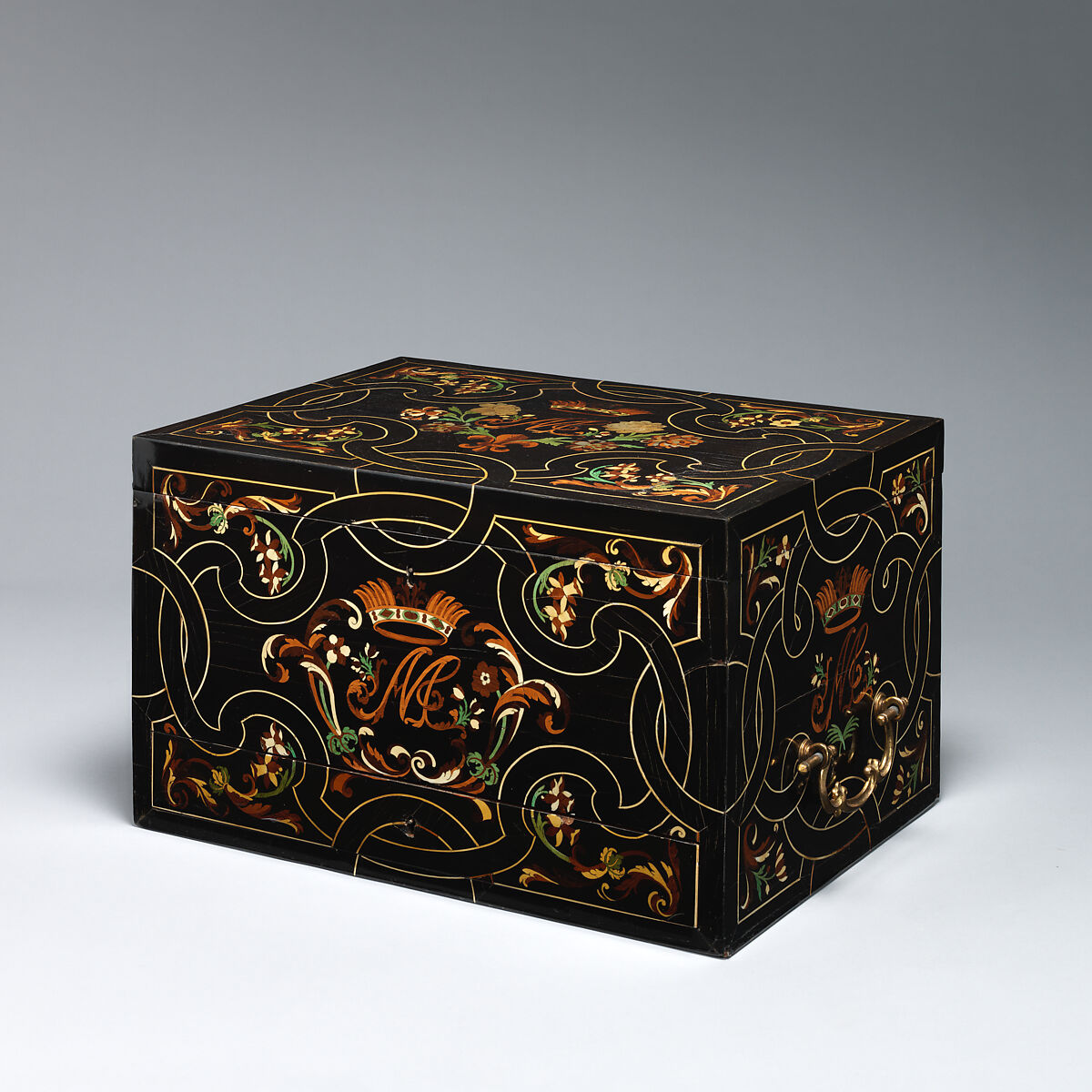 Coffer with inlaid monogram, Ebony, various marquetry woods, ivory, stained horn, mother-of-pearl, on poplar wood, mahogany; modern velvet; brass hardware; gilt-bronze handles, Possibly French or Italian 