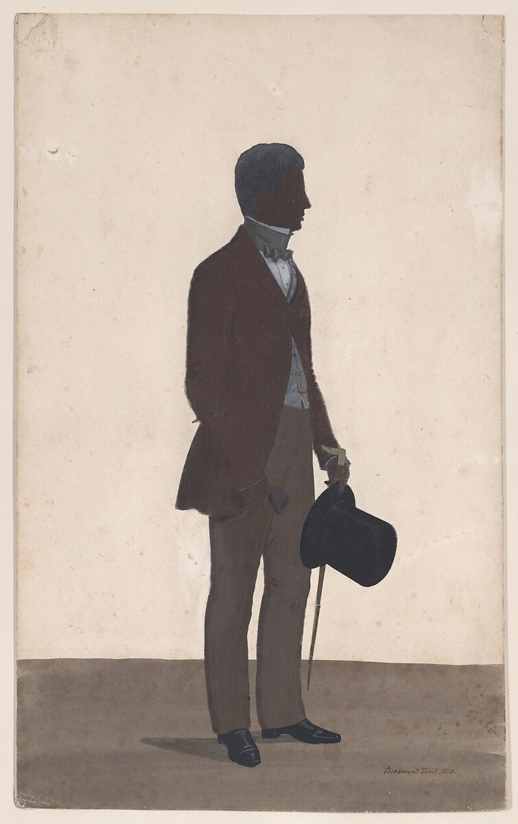 A young man, standing; full length silhouette, profile to right, W. H. Beaumont (British, active Cheltenham, ca. 1833–52), Cut paper, pen and ink, and gouache (bodycolor) 