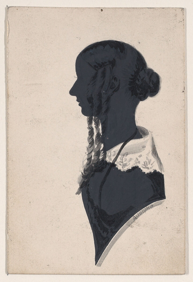 Silhouette of an unknown girl with braids, in profile to the left, Edgar Adolphe (British (born France), ca. 1808–1890 Dublin), Pen and ink, brush and wash, gouache (bodycolor) 