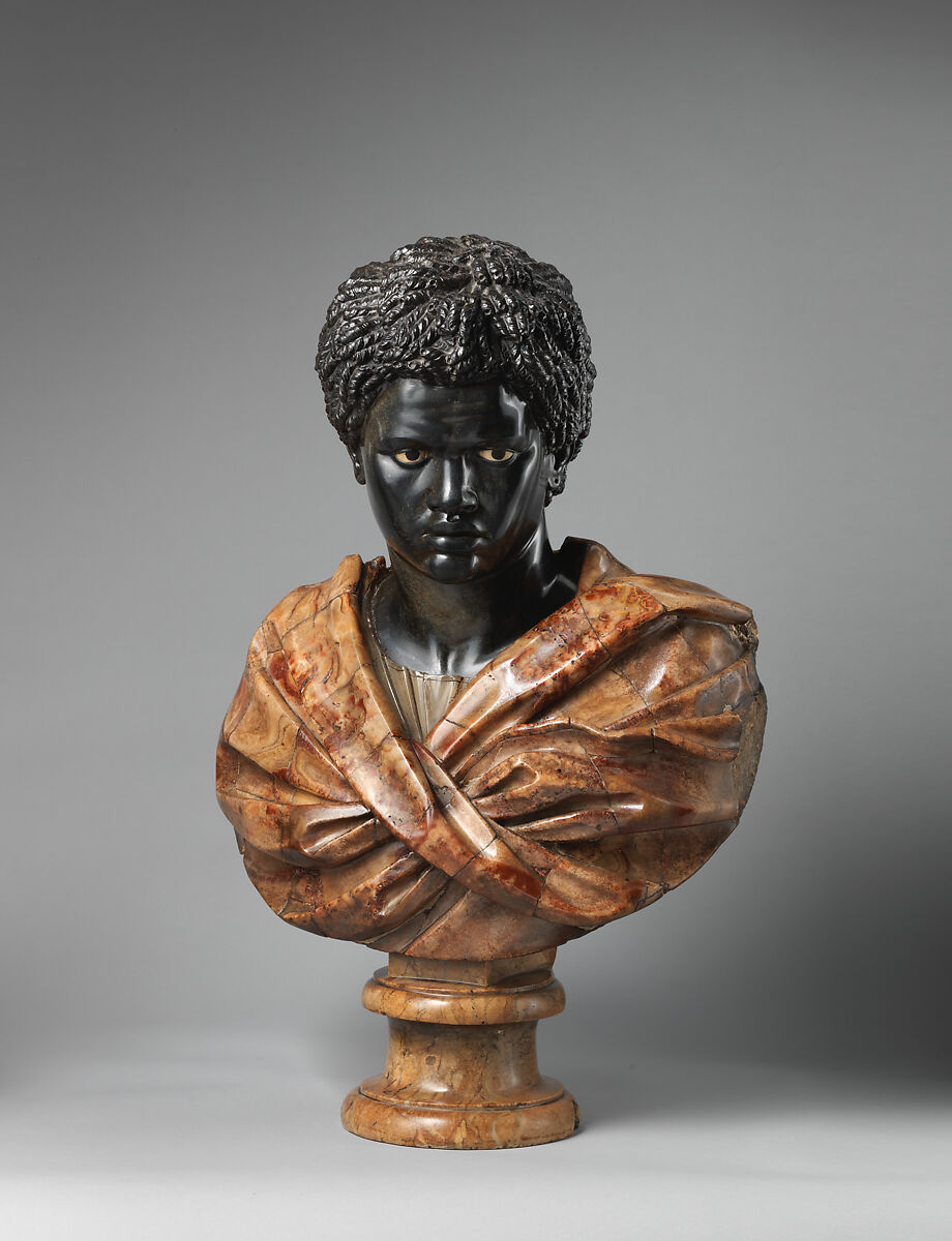 Bust after the Borghese Moor, In emulation of Nicolas Cordier (1567–1612), Marble of different colors, French 