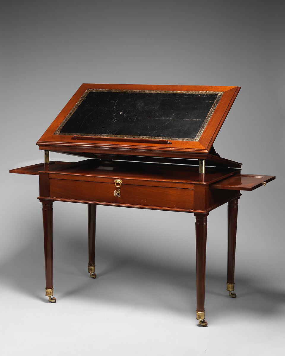 Architect’s table (table à la Tronchin), Jean-François Leleu (1729–1807, master 1764), Mahogany and mahogany veneer on oak, gilt bronze, white metal, and leather, French 