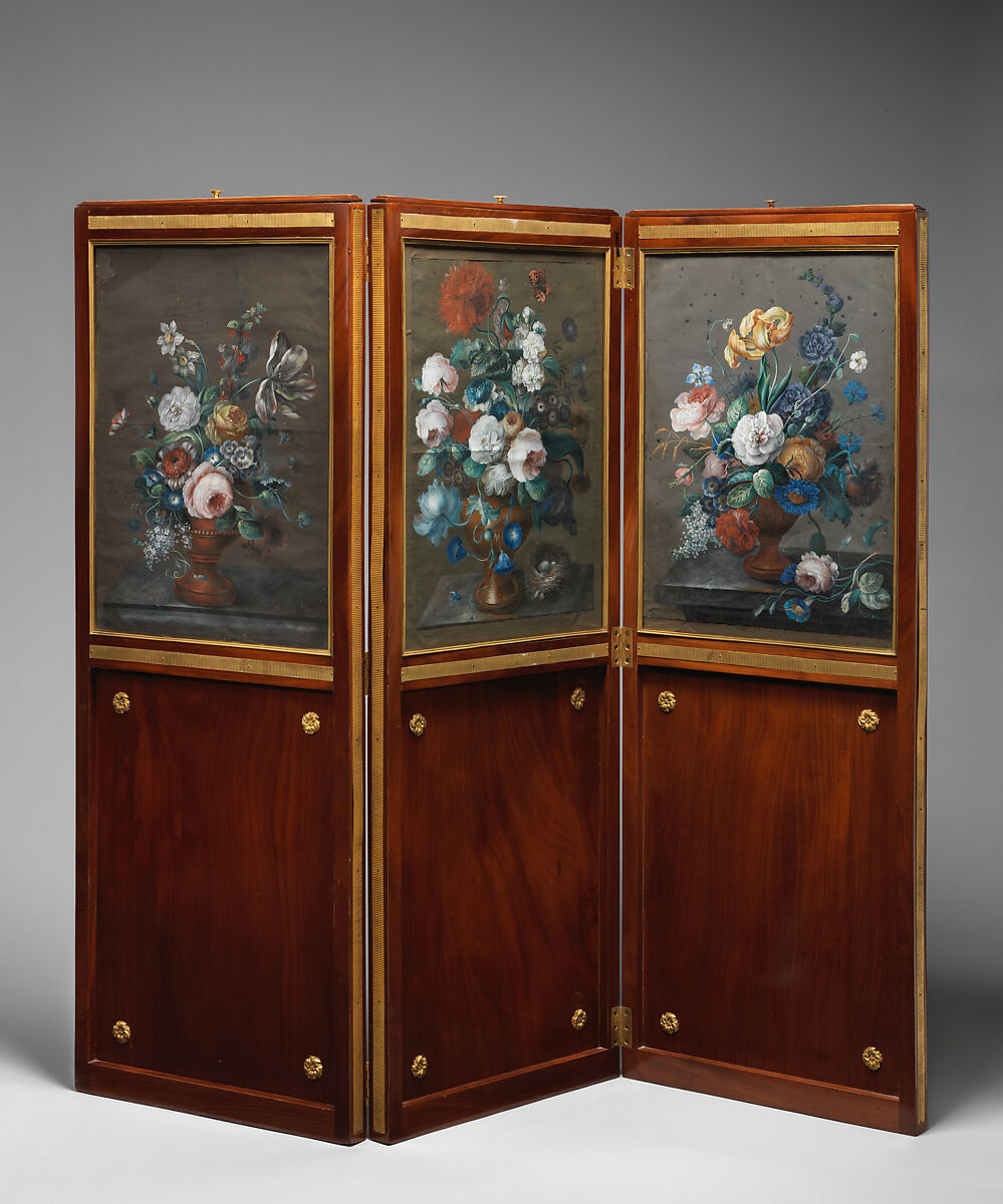 Three-leaf screen with gouache drawings, Attributed to Johannes Klinkerfuss (German, 1770–1831), Mahogany, gilt bronze, gouache, German, Stuttgart 