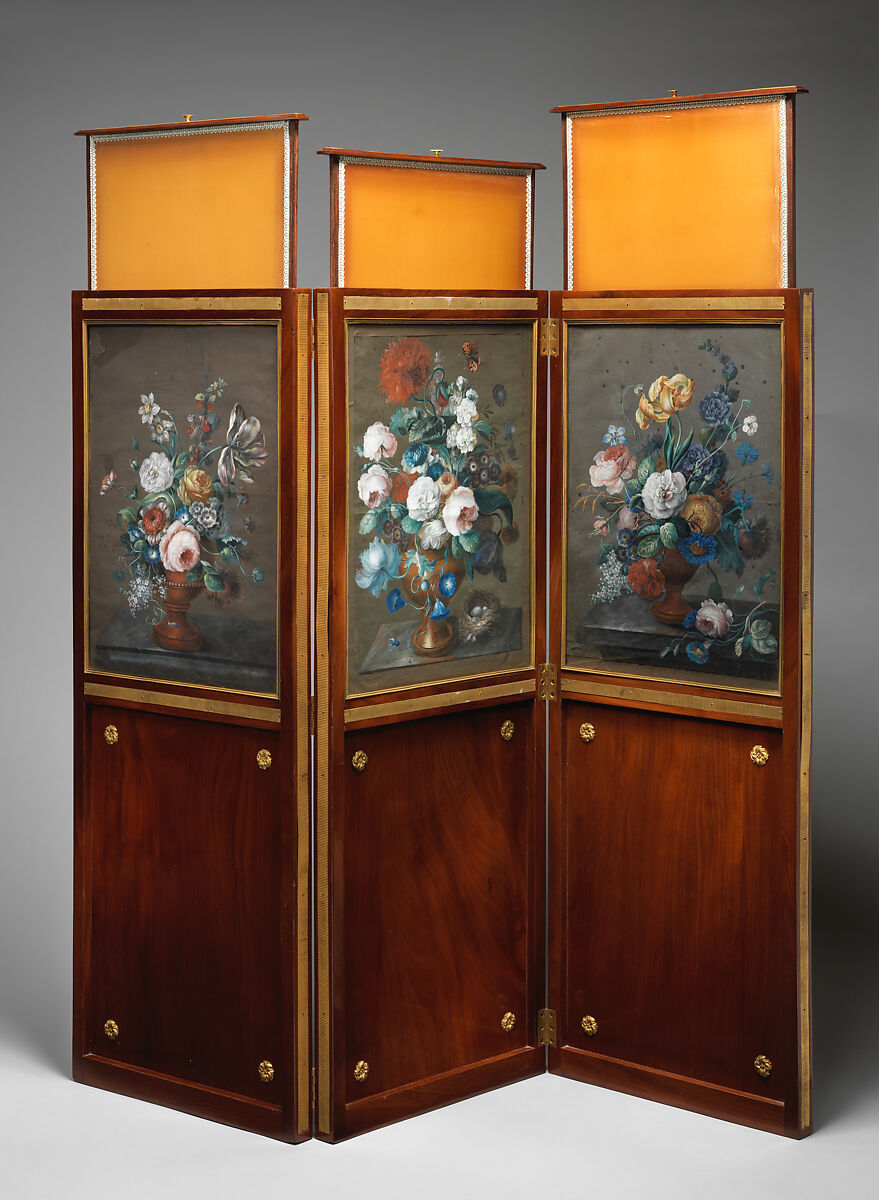 Three-leaf screen with gouache drawings, Attributed to Johannes Klinkerfuss (German, 1770–1831), Mahogany, gilt bronze, gouache, German, Stuttgart