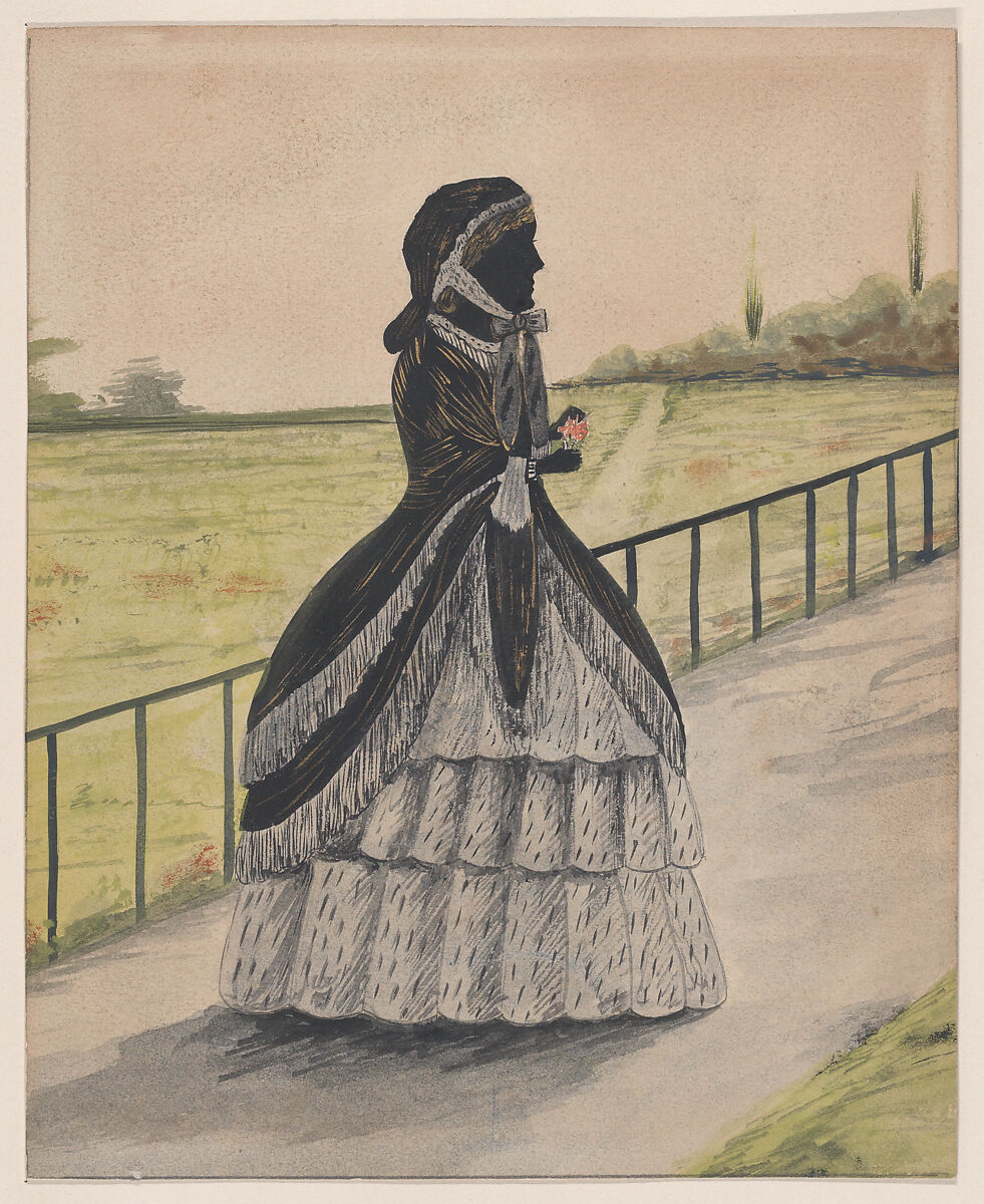 Silhouette of Lady Carstairs, Hyde Park, London, Anonymous  , British, 19th century, Pen and ink, brush and wash, watercolor, gouache (bodycolor) 