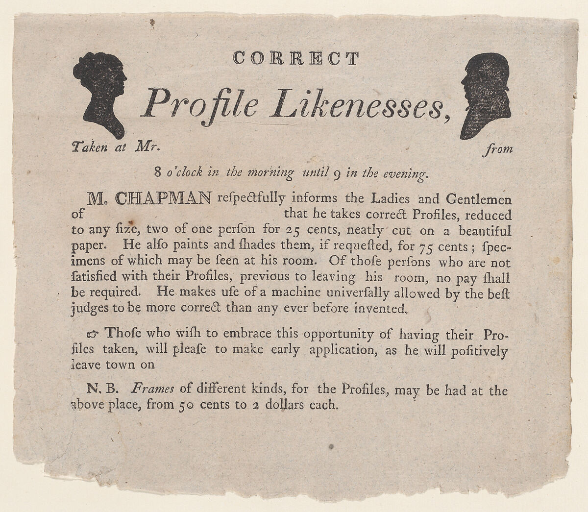 Advertisement for profile likenesses by Moses Chapman, Anonymous  , American, 19th century, Letterpress 