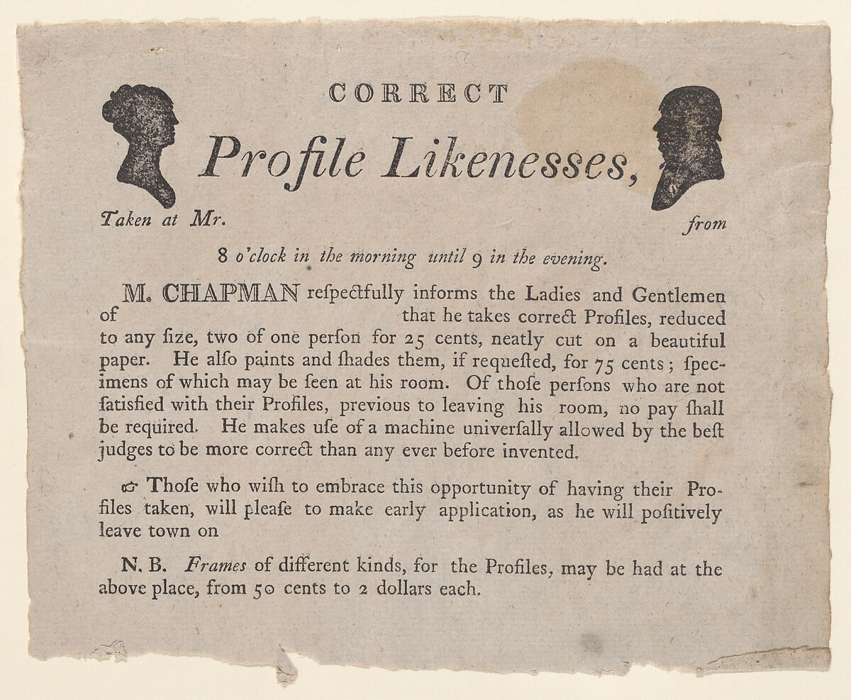 Advertisement for profile likenesses by Moses Chapman, Anonymous  , American, 19th century, Letterpress 