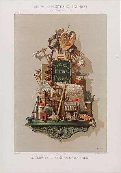 “Attributs du Peintre en Bâtiment” (Attributes of the Painter-Decorator)
Plate XXVI, Album du peintre en bâtiment: Travaux élémentaires. Troisième série
Paris: Ducher & Cie, 1883, Nicolas Glaise  French, Chromolithograph