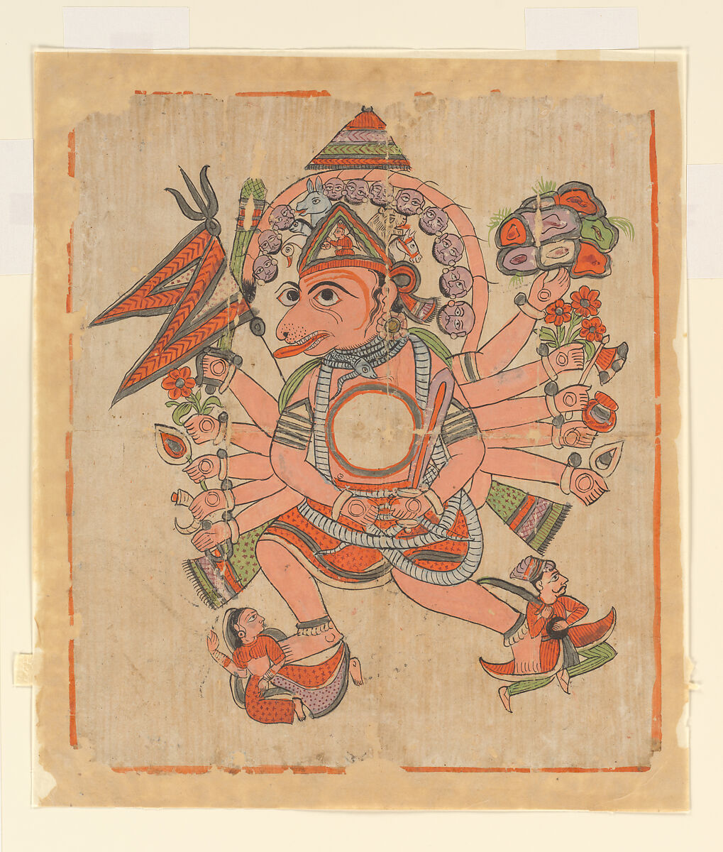 Hanuman in His Tantric Five-Headed Pancha Mukha Form, Ink and opaque watercolor on paper, India, Rajastan or Gujarat 