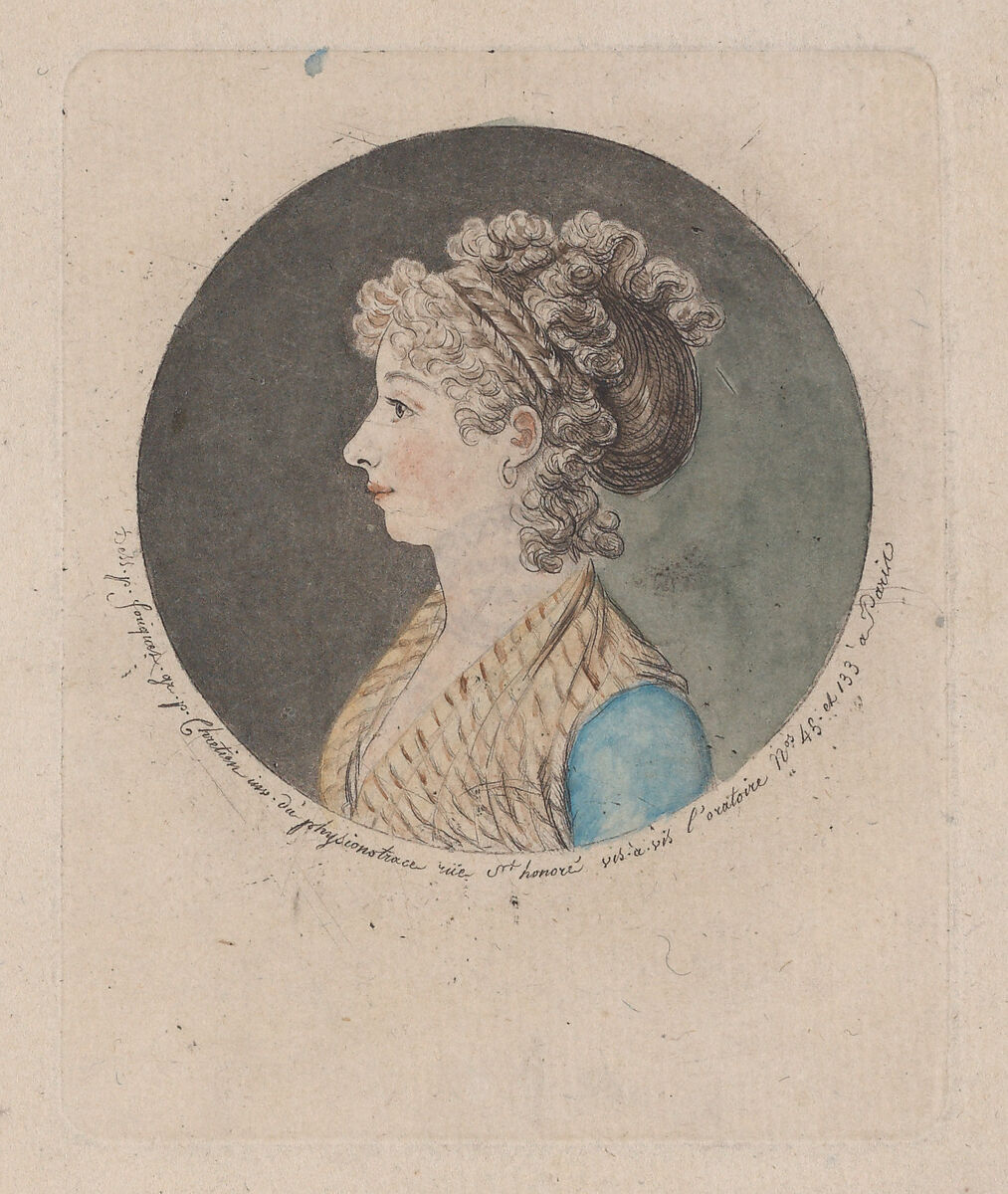 Portrait of an unknown lady, to left, Gilles Louis Chrétien (French, Versailles 1754–1811 Paris), Hand-colored aquatint 