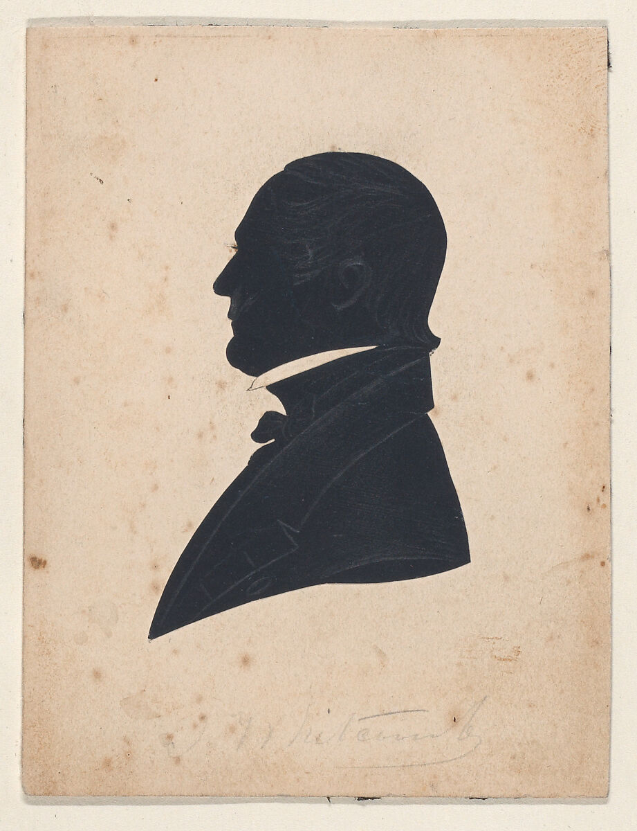 Silhouette of a woman facing right, Rufus K. Cummings (American, active Boston, 1843), Cut paper heightened with graphite and gold 