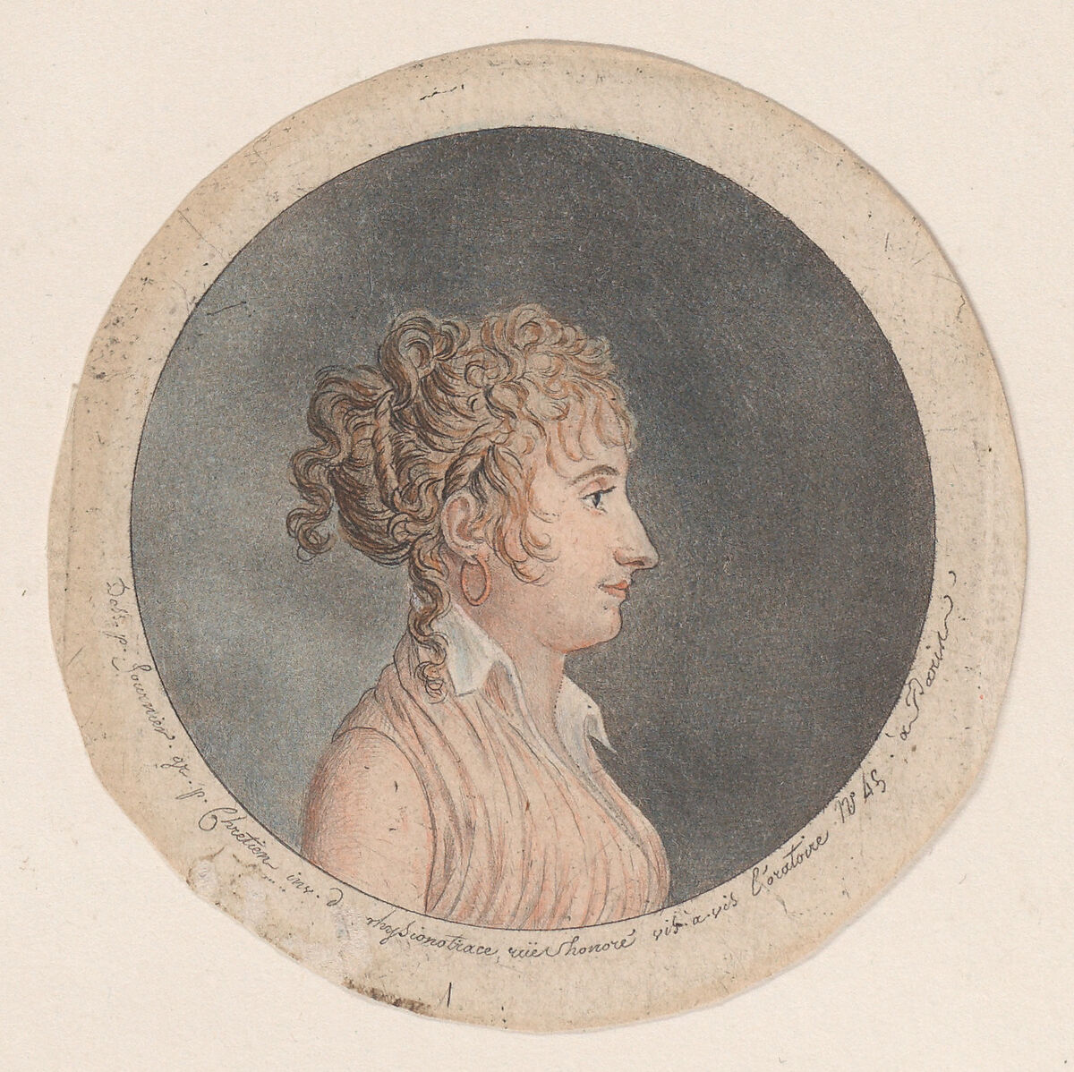 Portrait of a woman to right, Gilles Louis Chrétien (French, Versailles 1754–1811 Paris), Hand-colored etching and aquatint 
