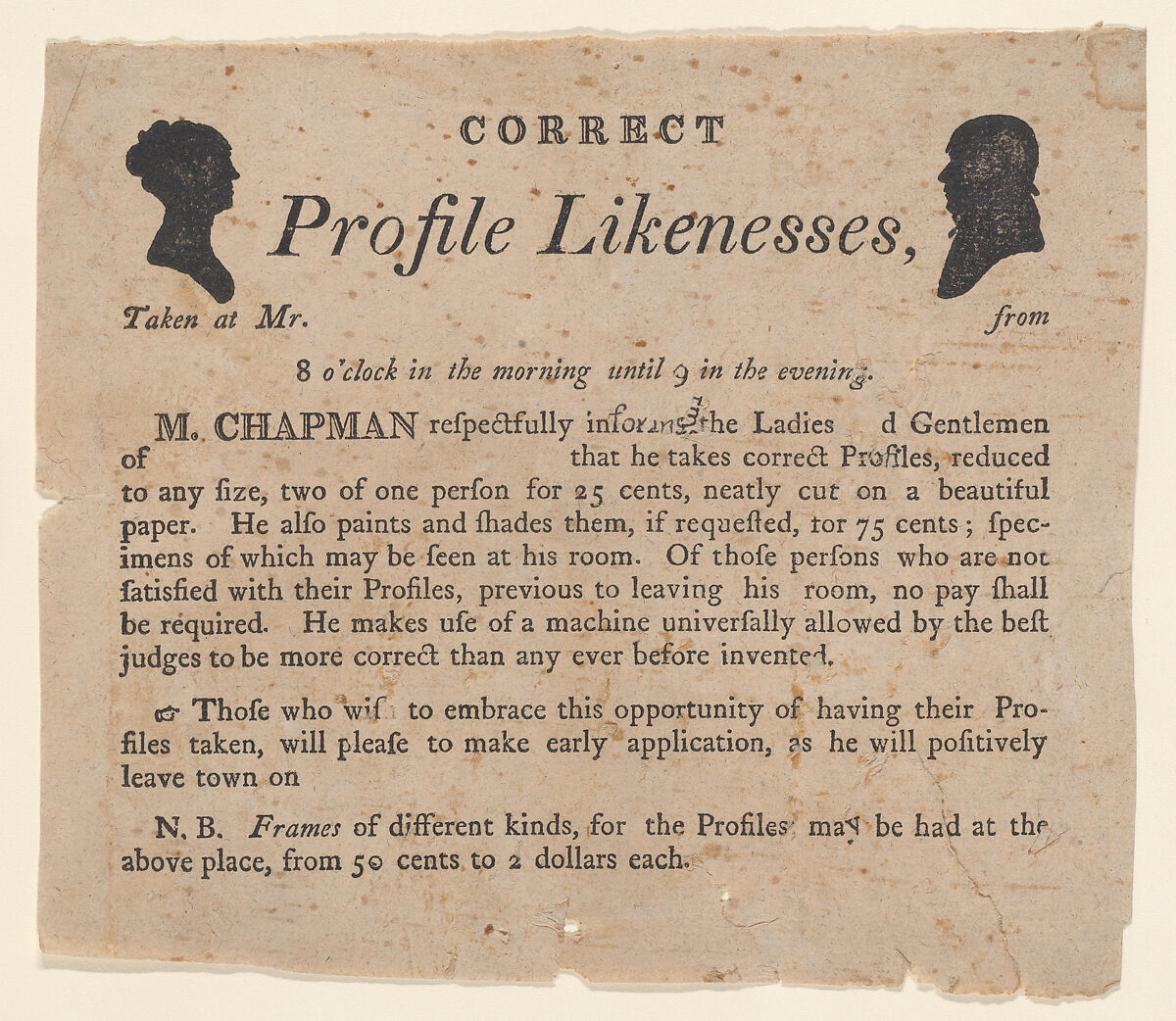 Advertisement for profile likenesses by Moses Chapman, Anonymous  , American, 19th century, Letterpress 