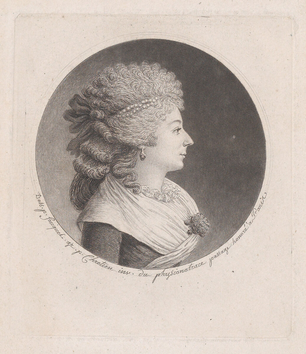 Portrait of a lady with elaborately curled hair, Gilles Louis Chrétien (French, Versailles 1754–1811 Paris), Etching and aquatint 