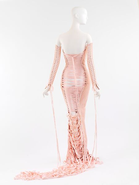 Evening ensemble, Jean Paul Gaultier (French, born 1952), (a, b) silk, glass, synthetic fiber; (c) silk, synthetic fiber, leather, French