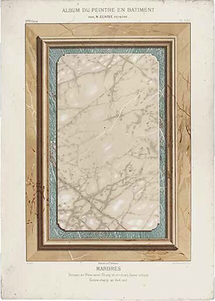 "Marbles" 
Plate XXII, Album du peintre en bâtiment: Travaux élémentaires. Deuxième partie, Bois, marbres, lettres, Nicolas Glaise (French, 1825–1888), Chromolithograph 