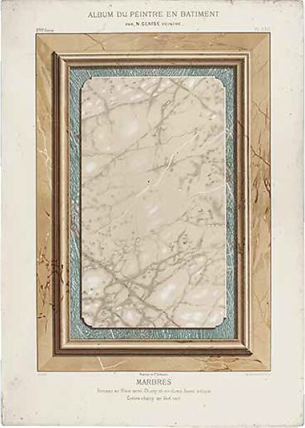 "Marbles" 
Plate XXII, Album du peintre en bâtiment: Travaux élémentaires. Deuxième partie, Bois, marbres, lettres, Nicolas Glaise  French, Chromolithograph