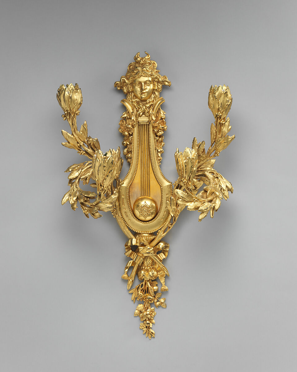 Four-branched wall light in form of lyre (one of a set of four), Gilt bronze, French 