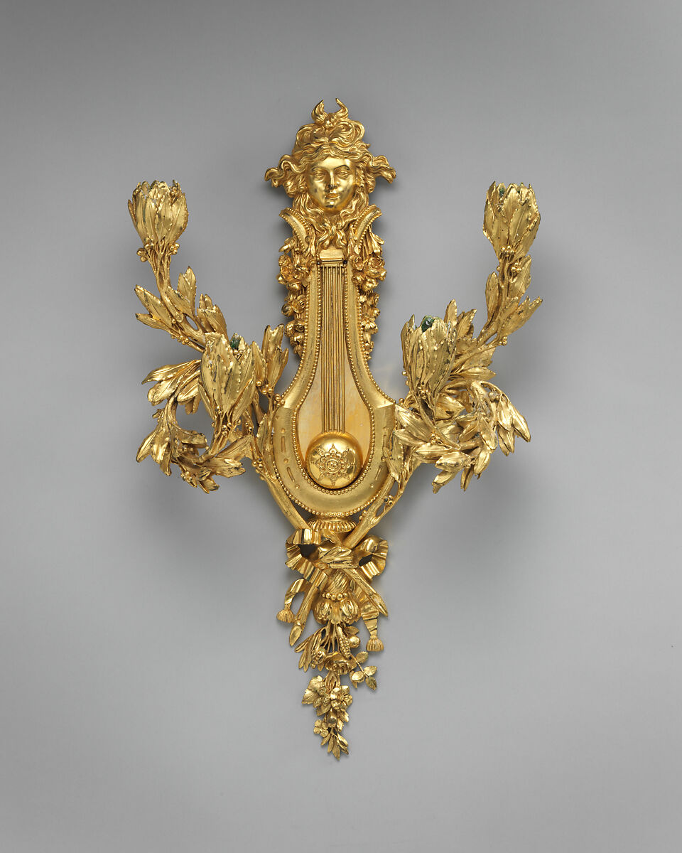 Four-branched wall light in form of lyre (one of a set of four), Gilt bronze, French 