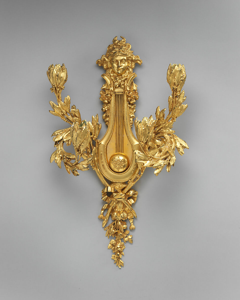 Four-branched wall light in form of lyre (one of a set of four), Gilt bronze, French 