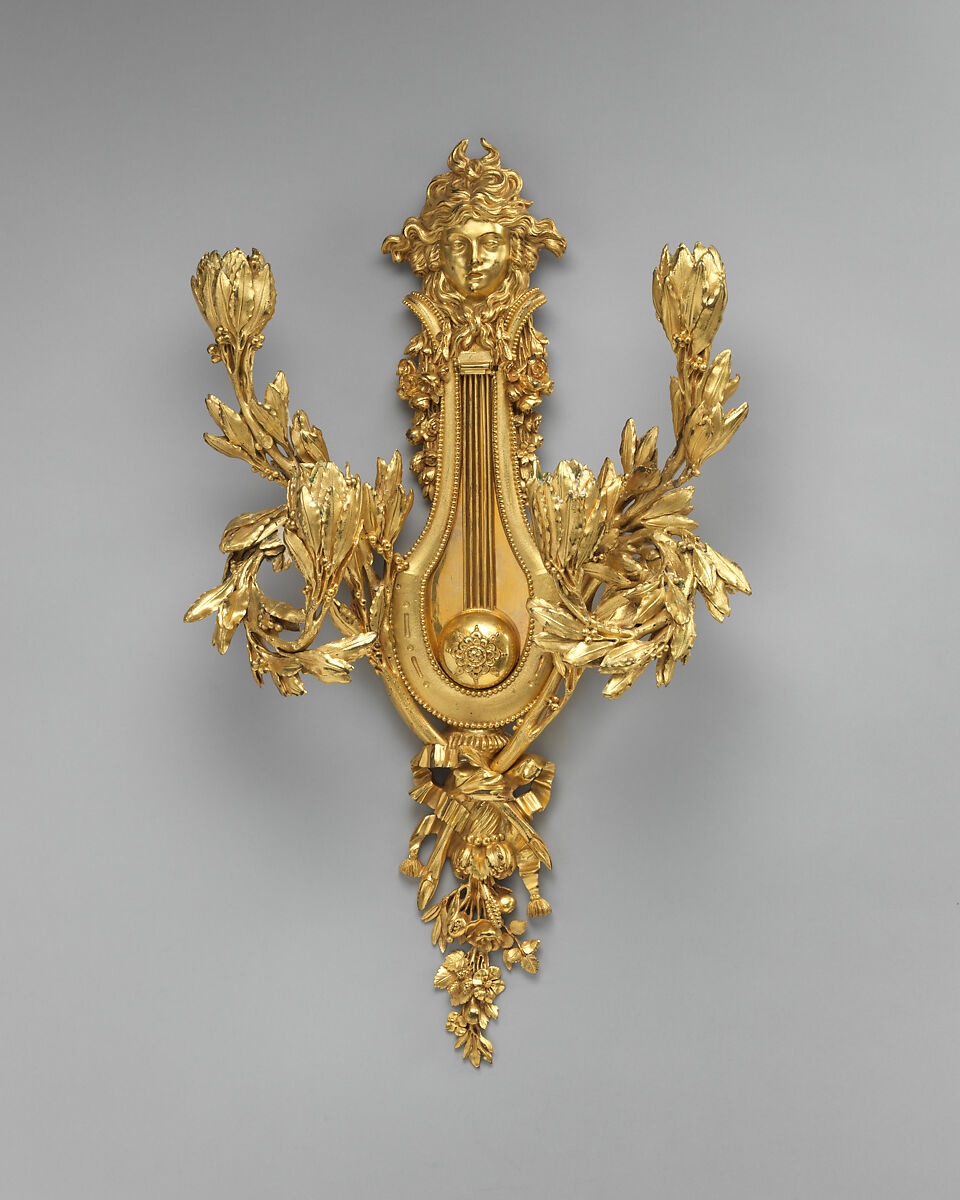 Four-branched wall light in form of lyre (one of a set of four), Gilt bronze, French 