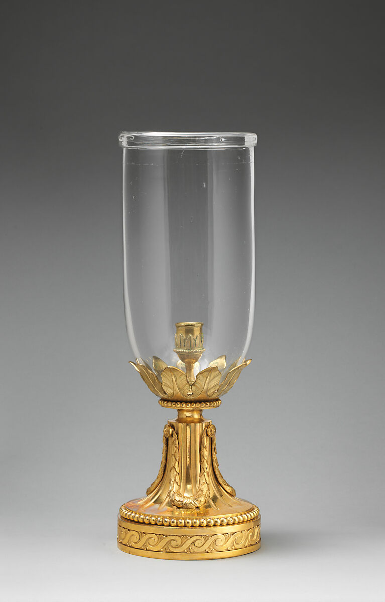 Candlestand (flambeau de jardin) with shade (one of a pair), Gilt bronze; glass, French 