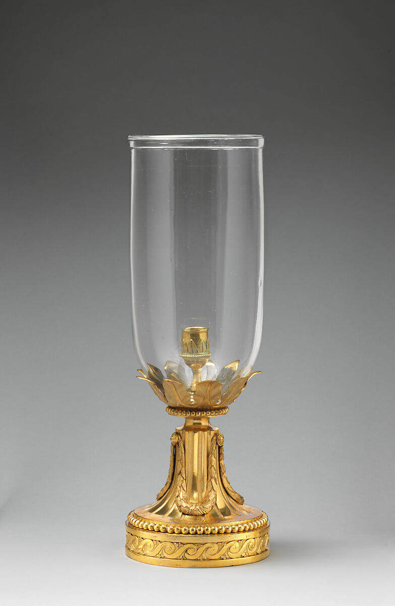 Candlestand (flambeau de jardin) with shade (one of a pair), Gilt bronze; glass, French 