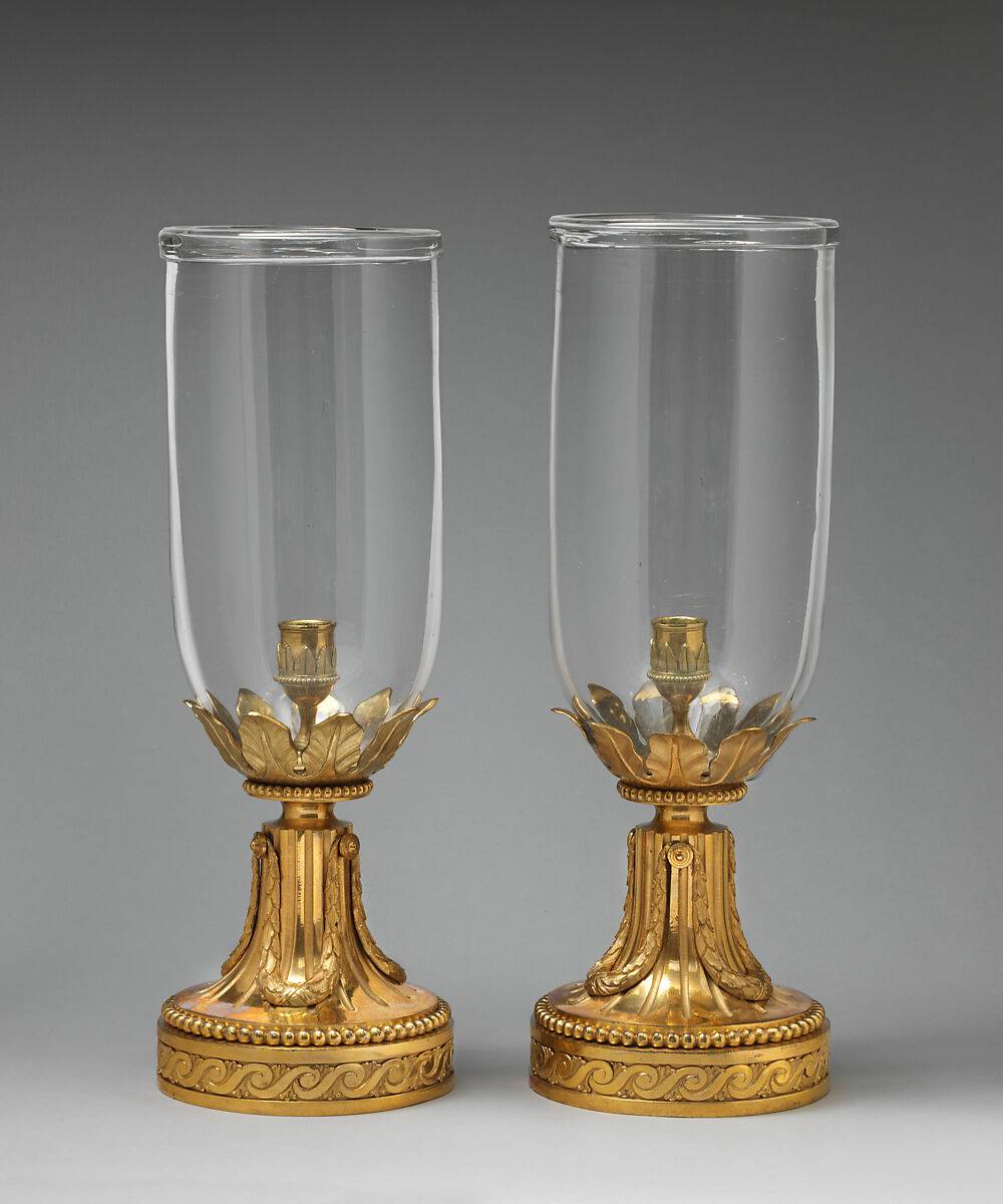 Candlestand (flambeau de jardin) with shade (one of a pair), Gilt bronze; glass, French
