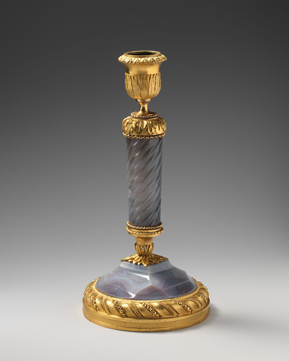 Candlestick (one of a pair), Pale blue chalcedony, gilt bronze, probably French 