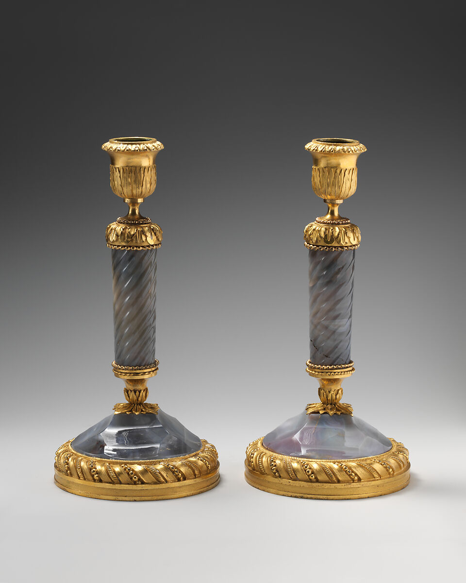 Candlestick (one of a pair), Pale blue chalcedony, gilt bronze, probably French