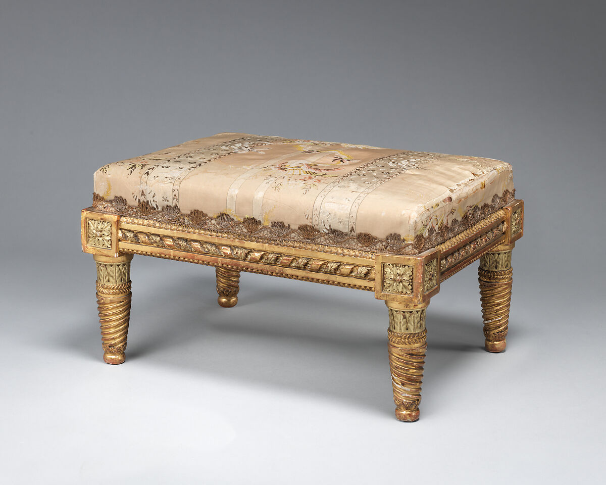 Foot stool (bout de pied), Carved and gilded beechwood, covered in silk, French 