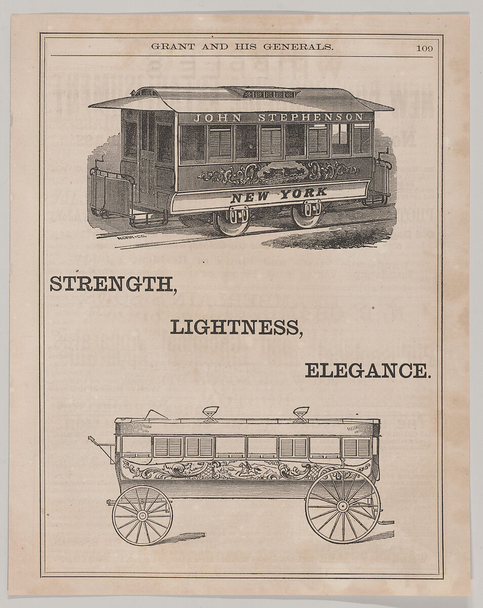 Advertisement for Street Car and Omnibus made by John Stephenson of New York, John Durand III (American, ca. 1824-ca. 1910), Wood engraving 