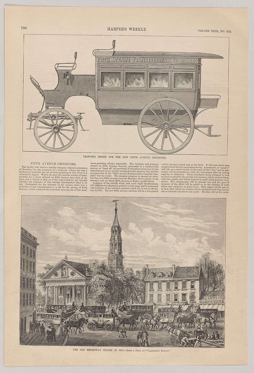 Fifth Avenue Omnibuses: Proposed Design for the New Fifth Ave Omnibus & The Old Broadway Stages in 1831, from "Harper's Weekly", Harper&#39;s Weekly (American, 1857–1916), Wood engraving 