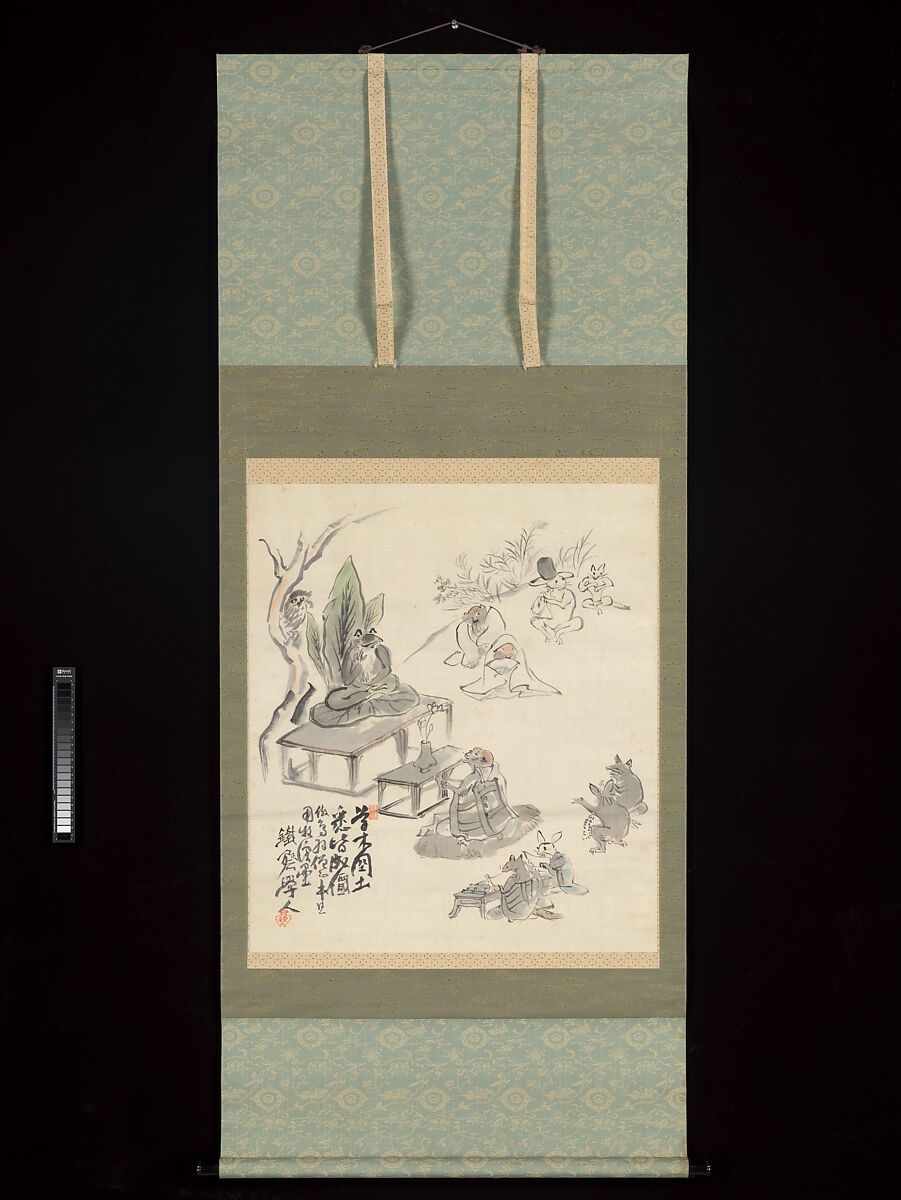 Scene Inspired by the Scrolls of Frolicking Animals and Humans, Tomioka Tessai (Japanese, 1836–1924), Hanging scroll; ink and color on satin, Japan